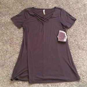 NWOT charcoal tunic w/ criss cross neck